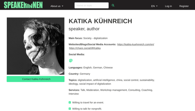 Sreenshot of Katika Kuehnreich's Speakerinnen page https://speakerinnen.org/en/profiles/katika-kuhnreich