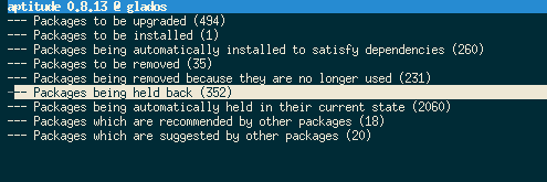 aptitude package overview before actually installing them:
• Packages to be upgraded (494)
• Packages to be installed (1)
• Packages being automatically installed to satisfy dependencies (260)
• Packages to be removed (35)
• Packages being removed because they are no longer used (231)
• Packages being held back (352)
• Packages being automatically held in their current state (2060)