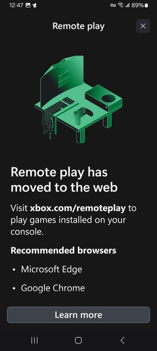 Xbox app stating remote Play has moved to the web and recommends Edge or Chrome