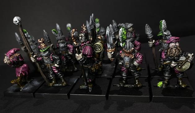 Front rank of the Moor Guard. L-R Hans, Standard Bearer, Biggus Johann, Sergeant, musician. Regiment had a purple and black split uniform, with Green and white feathers.