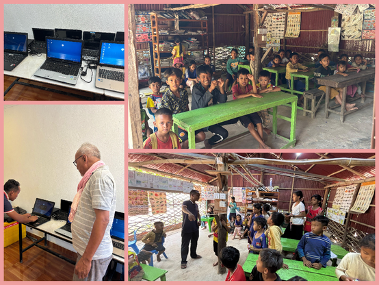 Collage aus 4 Fotos. 2 zeigen einen Computerraum, auf weißen Tischen stehen aufgeklappte und laufende Laptops. Auf den Bildschirmen sieht man den Desktop von Linux Mint und Labdoo. 
2 weitere Fotos zeigen einen Klassenraum mit grünen Pulten, an denen ca. 30 Schüler sitzen. Ein Lehrer informiert die Schüler über den anstehenden IT-Unterricht.