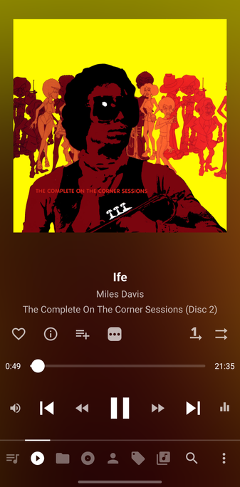 Screenshot of an android music player showing the cover of Miles Davis album series On The Corner The Complete Sessions, below track title Ife, artist name, album name, and player controls.