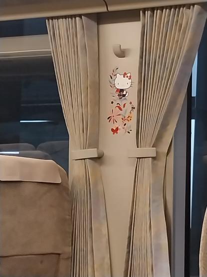 A close-up of a Hello Kitty themed wall panel inside the train