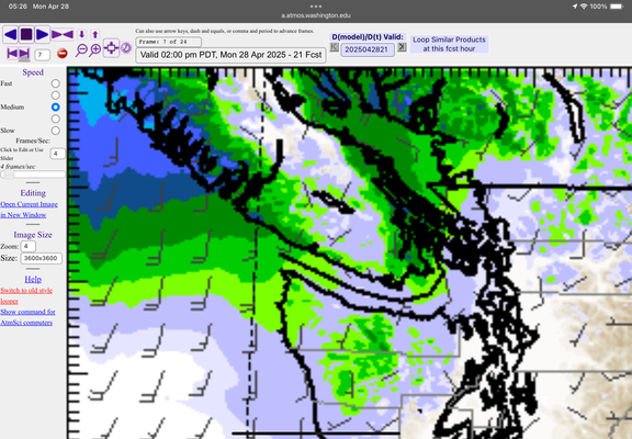 A screenshot of the forecast model shows the picture for 2PM. There is green rain wrapped around the east and west coast of the Island with only light showers Inland.