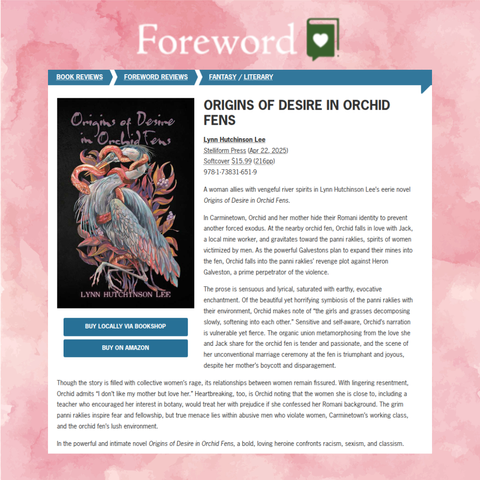 Screenshot from the Foreword Review of Lynn Hutchinson Lee's ORIGINS OF DESIRE IN ORCHID FENS