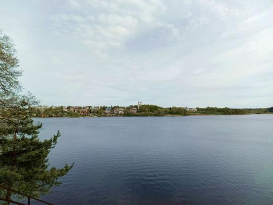 The town of Zarasai photographed from the big island in lake Zarasai. The town is quite far away but the church towers are clearly visible, as is most of the small town. A tree intrudes from the left of the shot. The water is calm on this side. The sky is overcast with patterned clouds.