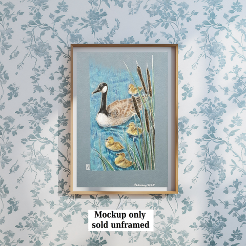 A small drawing of a Canada Goose with goslings and bulrushes.
The Canada Goose is a large goose, with a distinctive black head and neck, and large white throat patch. A species originally from North America.
An original art work
Colour pencil and mixed media on acid free toned artist paper
5 by 7 inches (12.7 by 17.8 cm).
Sold unframed