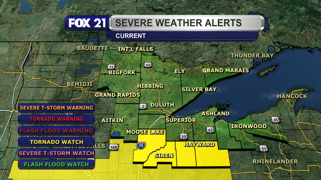 A Tornado Watch is in effect for Burnett, Pine, Sawyer, and Washburn counties until 11 p.m. on Monday, April 28, 2025.  This region of the Northland has the highest risk of seeing tornadoes, large hail, and high wind gusts as a line of thunderstorms from central Minnesota pushes through the region.