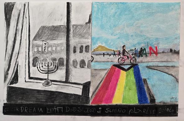Multi-media drawing, mostly rendered in charcoal on the left hand side of the page, color on the right.

A more detailed description of this photo can be found in the post.
