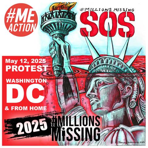 Cartoon protest art with detailed, dark lines depicting the Statue of Liberty sinking to her crown in bright red liquid. She holds her torch high above an ocean of red next to the words "#Millions Missing SOS". Additional text says, "May 12, 2025, Protest - Washington, DC & From Home. 2025 #MillionsMissing" Artwork by Jessica Kaushansky.
