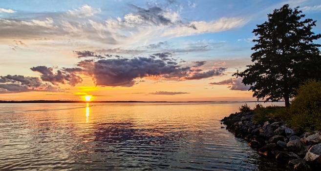 This image depicts a serene sunset over a calm body of water. The sky is filled with colorful clouds, reflecting shades of orange, pink, and blue as the sun sets on the horizon. On the right, there is a silhouette of a tree and some rocks lining the shoreline, adding to the tranquil scenery.