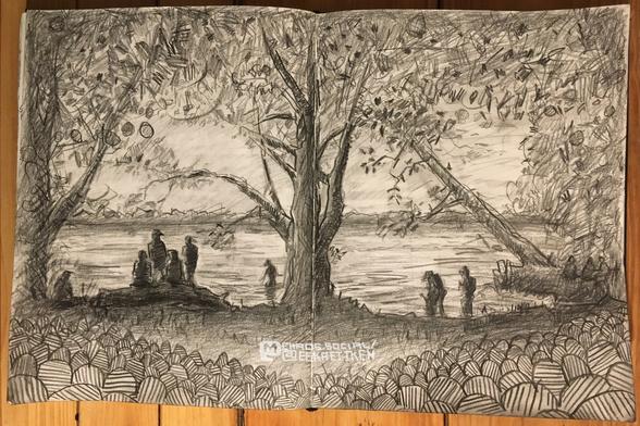 Pencil on paper

Scenery at a lake. Double-sided. In the center a large tree foliage frames the picture above and on the sides. At the bottom, decorative patterned semicircles stacked at the edge of the picture. On the edge in front of the lake in the foreground, people are sitting on a tree trunk on the left. 2 people are in the water on the right, one is perhaps holding a child in the water. a person in the middle is standing further back in the lake. A few other outlines of people in the picture. The entire foreground is in shadow. at the end of the lake is a forest. 

Translated with DeepL.com (free version)