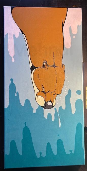 A long painting of a river otter diving downward. The background in shades of blue and it’s in shapes almost like melting wax. The bottom layer is the darkest shade and the top layer it’ll white.