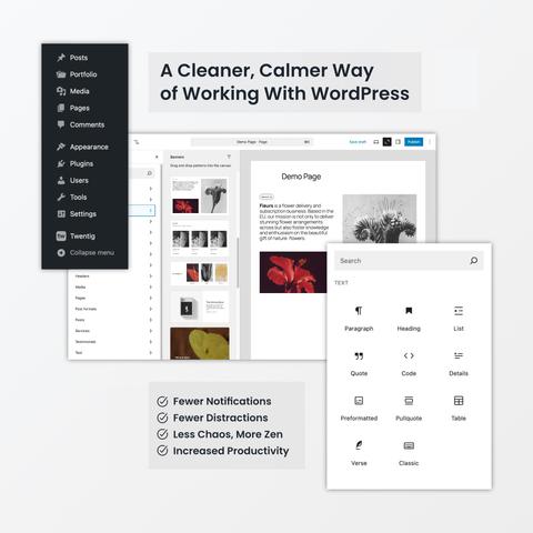 Various screenshots of the tools available inside of WordPress to demonstrate a cleaner, calmer dashboard.