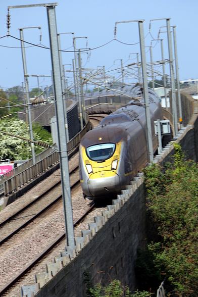 Continent-bound Eurostar train on the curve west of Rainham station.