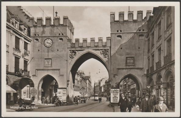 Monochrome real photographic postcard showing a view of the medieval Karlstor town gate in Munich, Bavaria, Germany.

Published by A. Lengauer, München, No 164, c.1930s.

Postally unused.

Very good condition, with very slight corner bumps, but very small mark to upper centre, though only seen in oblique light.