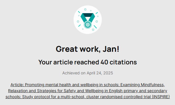 Screenshot of a ResearchGate banner stating that an article has reached 40 citations on April 24, 2025
