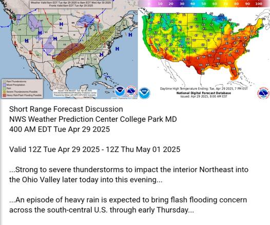 Valid 12Z Tue Apr 29 2025 - 12Z Thu May 01 2025

...Strong to severe thunderstorms to impact the interior Northeast into
the Ohio Valley later today into this evening...

...An episode of heavy rain is expected to bring flash flooding concern
across the south-central U.S. through early Thursday...