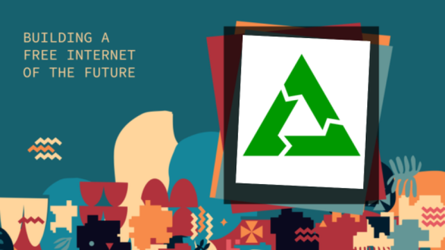 Illustration with colorful abstract shapes and text reading Building a Free Internet of the Future. A stack of overlapping rectangles frames a green triangle made of three interlocking arrows, resembling a recycling symbol.