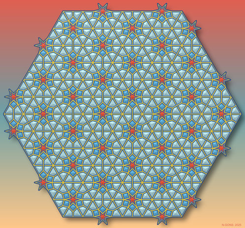 Abstract mathematical art. Tiling with stars (red), squares (blue) and assymmetric kites (teal). outlines in yellow/blue over gradient background.