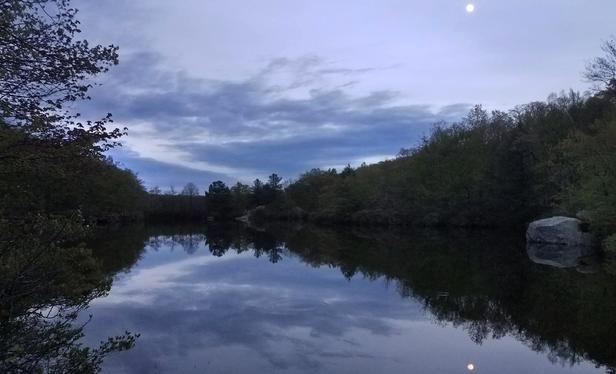 The blue-tinged twilight beneath a full moon on a dead calm evening. An isolated pond surrounded by forest. The single ripple made by a hungry fish is the only thing stirring the surface of the pond. Some passing clouds are a darker tone of the blue gray sky, mirrored on the surface of the pond below.
