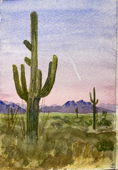 A tall cactus with many arms stands in the foreground of a wide, open desert, with distant jagged mountains under a fading sky and smaller cacti scattered across the flat land with comet C/2023 A3 Tsuchinshan-ATLAS in the sky.