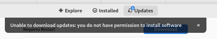 A screenshot from the Software app of Debian/Gnome. There is a popup that reads, "Unable to download updates: you do not have permission to install software."