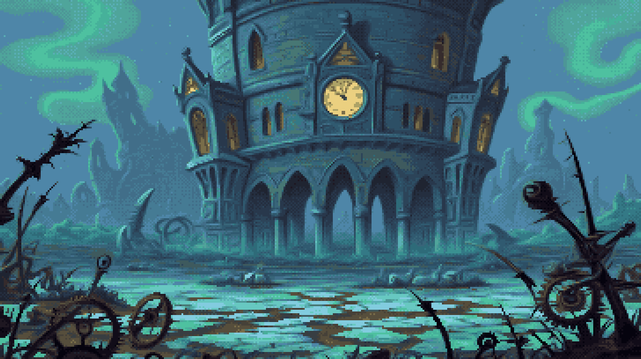 Pixel art of a structure, a fractured echo of grandeur, rises from a stone throat. Teal skin, layered like ancient scales, clings to its bones of gray. Arches, a chorus of pointed whispers, frame a sky the color of jade moss. A clock face, a frozen sun, hangs suspended, its hands poised at a moment eternally held. Mountains, the knuckles of a slumbering giant, claw at the horizon, veiled in a breath of perpetual twilight. Vines, a strange marriage of nature and mechanism, coil and writhe, their tendrils blooming with gears and eyes - a metallic flora feeding on the stone. The pavement beneath, a mosaic of cracks, cradles a sparse carpet of dark green, a defiant pulse against the rigid geometry. The air itself seems to thicken, a liquid emerald pressing against the edifice, blurring the distant peaks into a dream. The whole scene is a silent poem, etched in stone and shadow, a monument to a forgotten rhythm.
