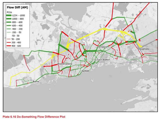 The same map with the blue roads re-coloured as red. There is increased traffic on five of the main arteries going into the city as well as on many roads within the city itself.