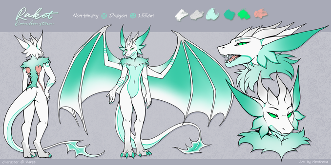Drawing of a dragon character, they are white and cyan coloured.