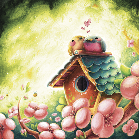 Two pink robins (a male and a female) are sitting and cuddling on the top if their new bird house. The house has red wooden walls decorated with painted patterns, and a teal tiled roof. It’s sitting on the branch of a tree where big pink flowers are in bloom. The background is a lightly textured, green gradient going towards a white light that shines softly behind the birds.   The drawing is serene and peaceful. Three little hearts are doodled over the birds’ heads.