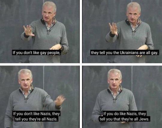 A four-panel image features a speaker addressing an audience.  Subtitles:  “If you don’t like gay people, they tell you the Ukrainians are all gay.  If you don’t like Nazis, they tell you they’re all Nazis.  If you do like Nazis, they tell you that they’re all Jews.”