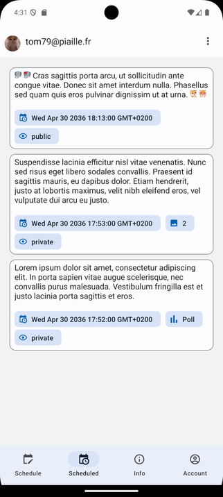 Screenshot displaying three scheduled messages.
Some labels display the scheduled date, the visibility and if there are polls or media.