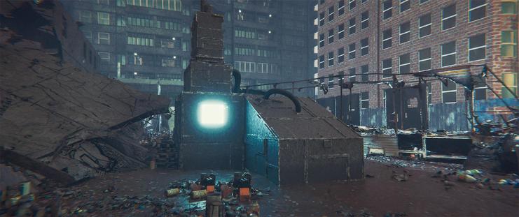 Medium shot, exterior, night -

A glowing control panel on some sort of regulator device next to a mostly destroyed apartment building in downtown Moscow.