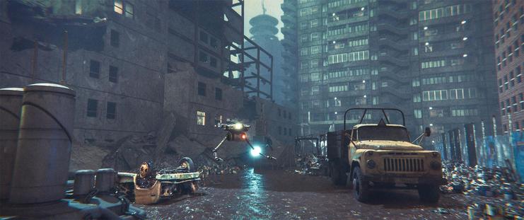 Wide shot, exterior, night -

A robot from the Department of Joyous Contentment patrols the area outside of a bombed-out apartment building that still has some squatters tenaciously holding on.