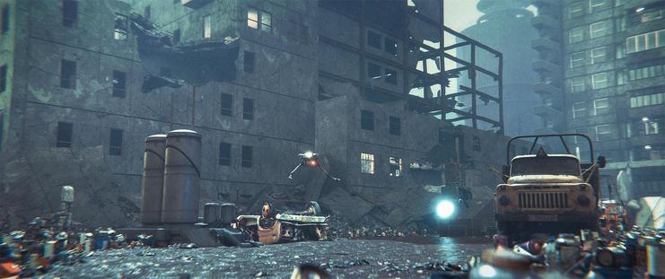 Wide shot, exterior, night -

A robot from the Department of Joyous Contentment patrols the area outside of a bombed-out apartment building that still has some squatters tenaciously holding on.