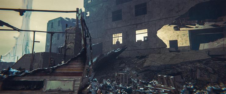 Wide shot, exterior, night -

A bombed-out apartment building that still has some squatters tenaciously holding on. The silhouette of a person can be seen inside a window above the ground-level rubble.