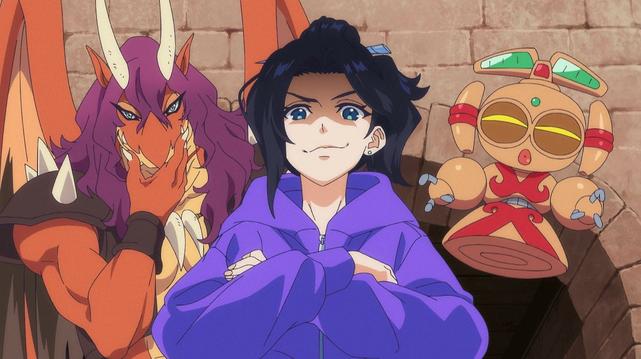 Natsuko grins ominously, flanked by dragon warrior Justice and floating robot QJ