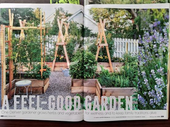Magazine spread of a lovely garden with wooden planters and trellises
