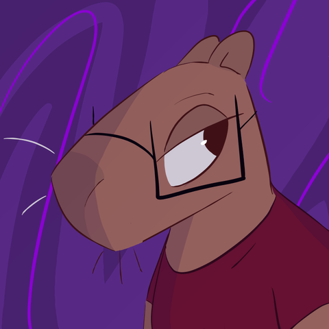 An anthropomorphic capybara with square glasses and a maroon shirt against a purple background.
