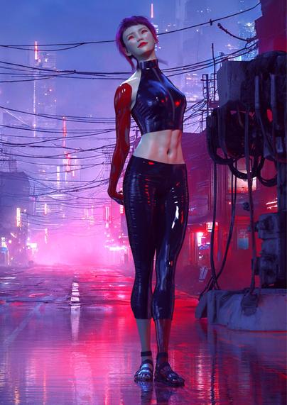 A young Asian woman with unnaturally pale skin stands in a pinup pose with her hands clasped behind her back, thrusting her chest forward. She has tightly toned, strong abs, dimpled cheeks and glowing red cybernetic eyes. She also has a cybernetic arm and cybernetic leg. Glossy black PVC picks out the curve of her breast and thighs.

In the background cables are strung over an empty, cracked street that is lit in pink and blue.