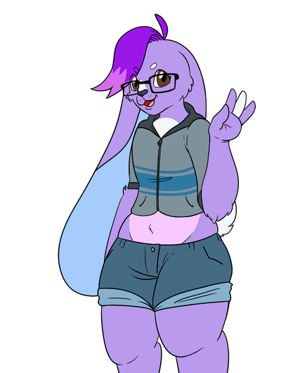 a digital drawing of a slightly chubby lavender anthro bunny. They have baby blue inner ears, brown eyes, and glasses. They are wearing a grey crop top hoodie with navy stripes, and denim shorts. Their left arm is raised and waving.