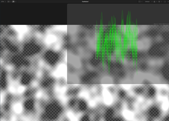 The output of a fusion fastnoise tool, with a green waveform scope overlayed on it, showing values below -50% and above 150%