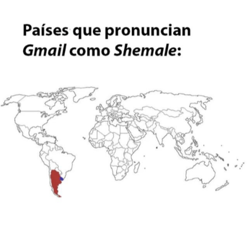 Mapa del mundo con Argentina y Uruguay destacado:
Países que pronuncian Gmail como Shemale