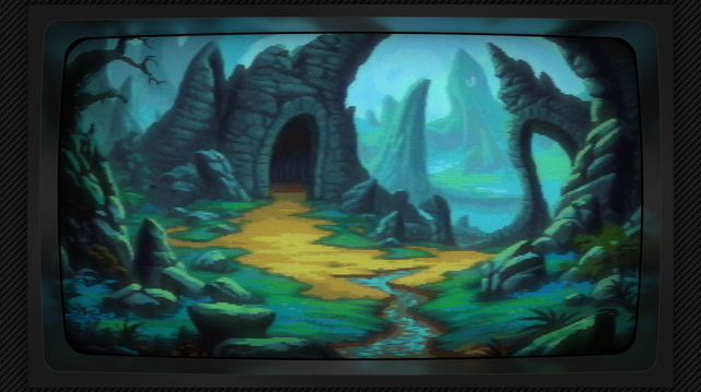 Pixel art of a landscape sculpted from the bones of giants, where monolithic rock formations rise like petrified waves frozen mid-crest, their surfaces etched with the slow calligraphy of time. A narrow waterway, a silver thread through the stone, winds its way toward an arched doorway, a silent invitation carved into the heart of a colossal wall. The path before it is a ribbon of earth, dusted with the hues of forgotten summers, bordered by a riot of sapphire blossoms, their spiky leaves like tiny, jeweled daggers. A moss-covered boulder, a slumbering beast, rests beneath the watchful gaze of a gnarled branch, a skeletal finger pointing towards a distant horizon of crumbling spires. The ground breathes with a patchwork of dirt and stone, a mosaic of resilience, while a second doorway, a secret promise, hides amongst the crags, swallowed by the immensity of the stone, a forgotten echo in a world of cool greens and blues. The image has a CRT filter applied.