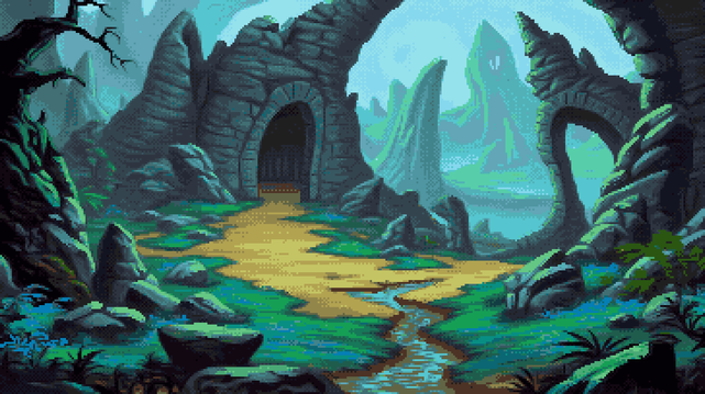 Pixel art of a landscape sculpted from the bones of giants, where monolithic rock formations rise like petrified waves frozen mid-crest, their surfaces etched with the slow calligraphy of time. A narrow waterway, a silver thread through the stone, winds its way toward an arched doorway, a silent invitation carved into the heart of a colossal wall. The path before it is a ribbon of earth, dusted with the hues of forgotten summers, bordered by a riot of sapphire blossoms, their spiky leaves like tiny, jeweled daggers. A moss-covered boulder, a slumbering beast, rests beneath the watchful gaze of a gnarled branch, a skeletal finger pointing towards a distant horizon of crumbling spires. The ground breathes with a patchwork of dirt and stone, a mosaic of resilience, while a second doorway, a secret promise, hides amongst the crags, swallowed by the immensity of the stone, a forgotten echo in a world of cool greens and blues.