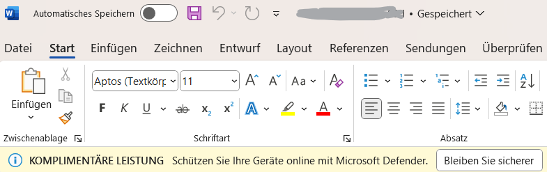 Screenshot aus Microsoft 365 Word mit dem Angebot "KOMPLIMENTÄRE LEISTUNG"