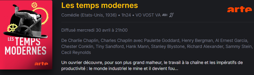 diffusion du film Les Temps Modernes sur Arte à 21h ce soir.
