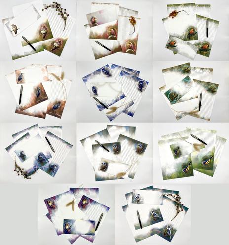 Collage image of eleven photographs of paper stationery featuring birds, in lined and unlined versions. All are arranged on white backgrounds.