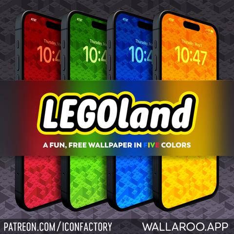 A series of four iPhones with lock screens depicting colorful, isometric landscapes composed of LEGO bricks - Red, green, blue & yellow. The text reads - LEGOland: A fun, free wallpaper in five colors • patreon.com/iconfactory • wallaroo.app